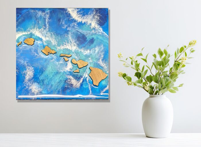 12"x12" Ocean Resin Art With Hawaiian Islands