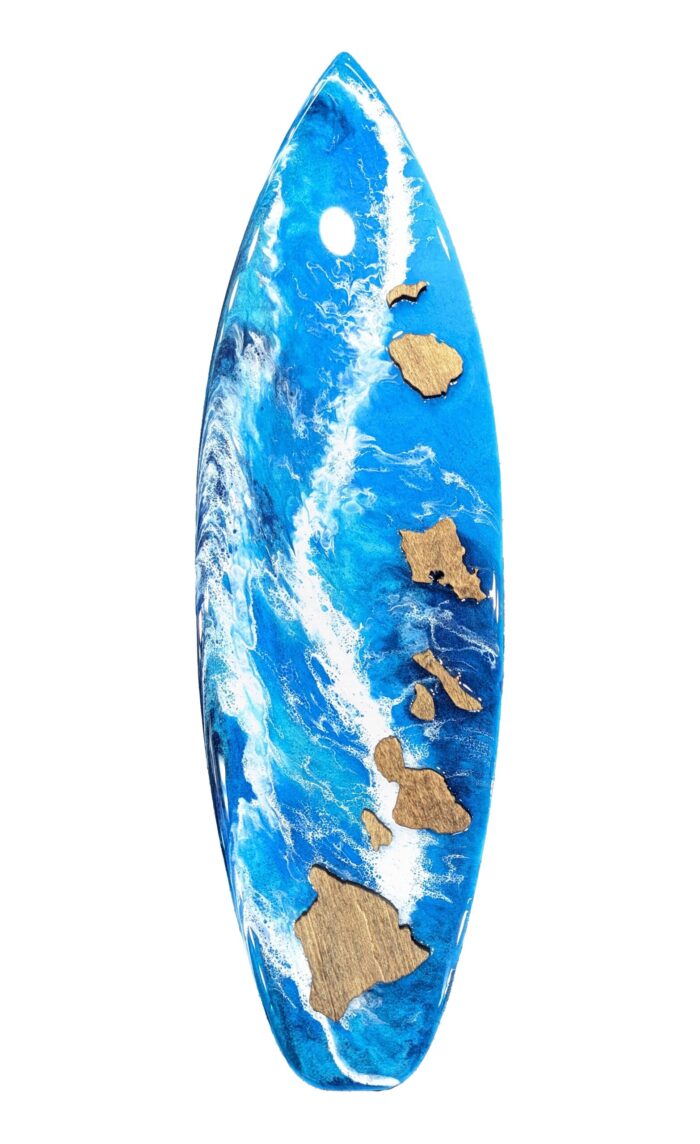 18" Surfboard Ocean Resin Art With Hawaiian Islands